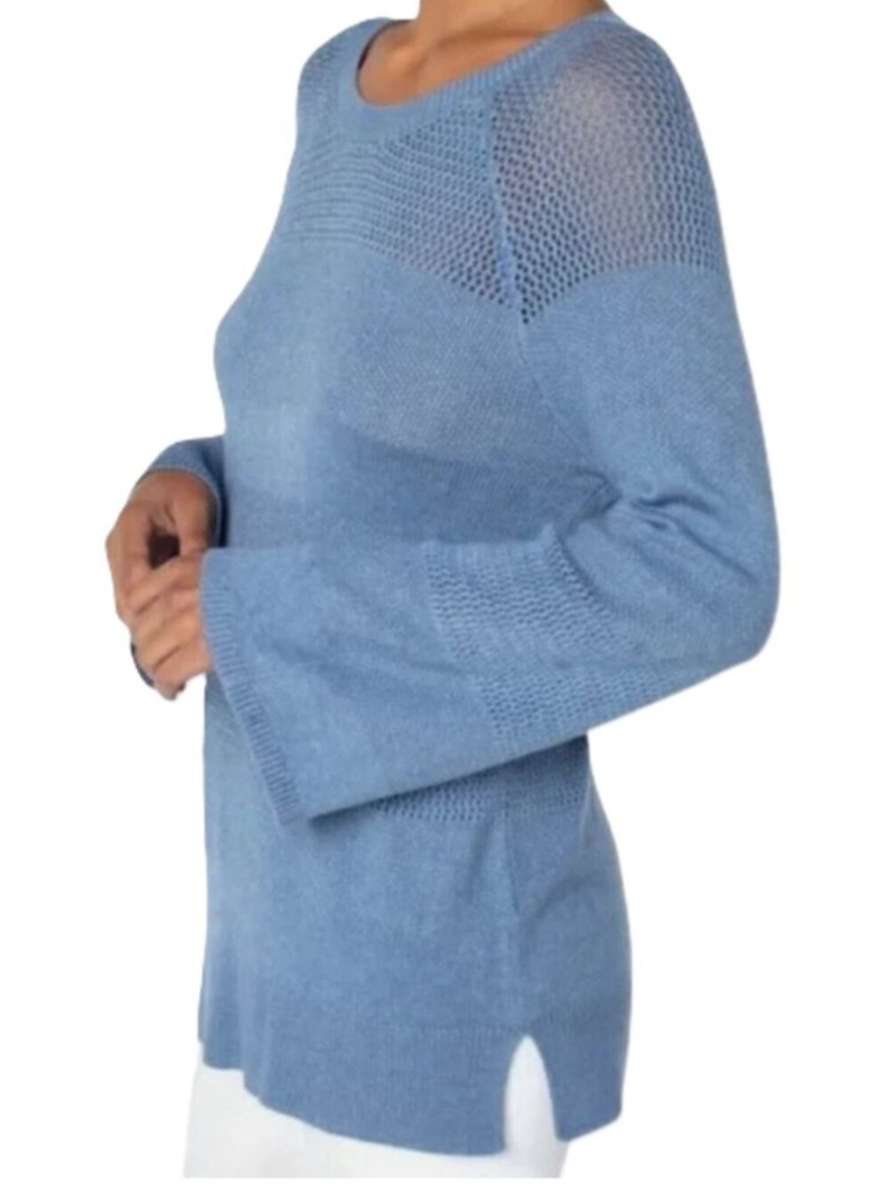 New Liverpool LA Blue Viscose Knit Top • Mesh Details, Flare Sleeve • NWT Small